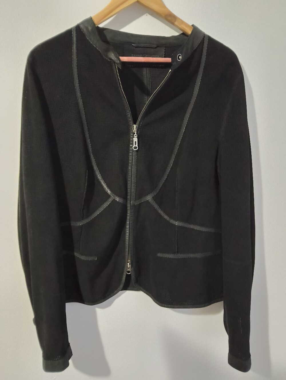 Luisa Cerano Black Perforated Goat Velour Leather Jacket Size 42